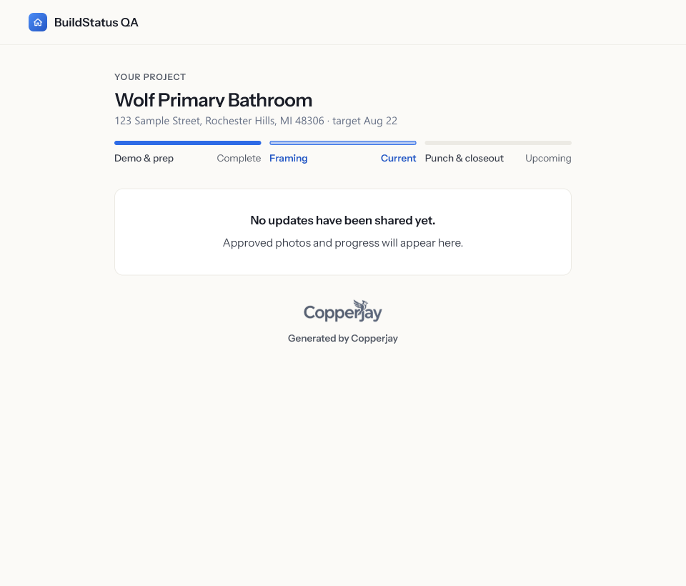 Copperjay client portal with project progress and approved updates
