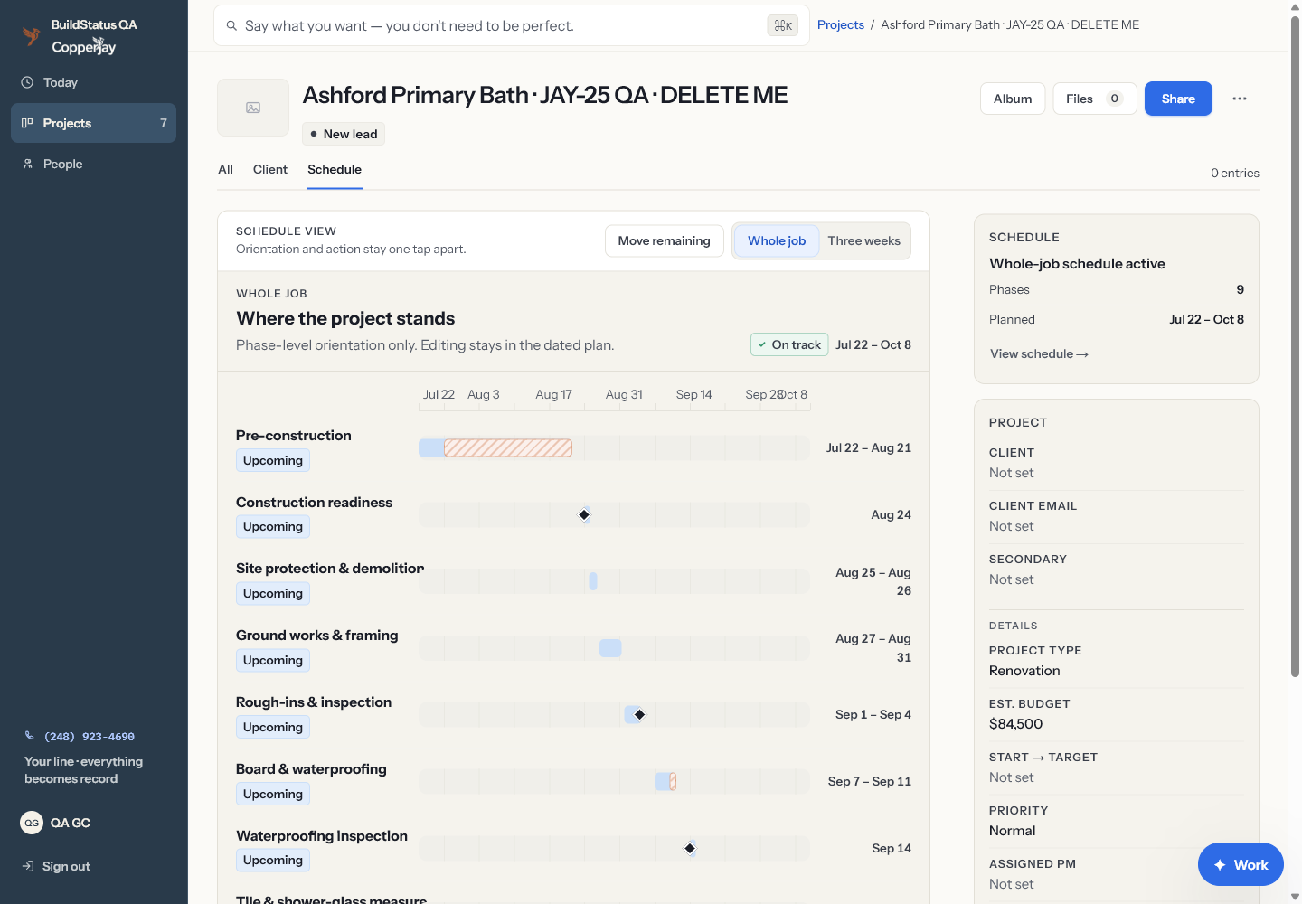 Copperjay whole-job schedule with dated phases, waits, and milestones